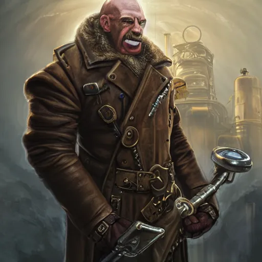 Image similar to portrait of a muscular, bald orc mechanic, wearing a heavy brown leather coat, wrench on hand, steampunk setting, gears, airship on the background, dramatic lighting, high detail, digital art by Rossdraws