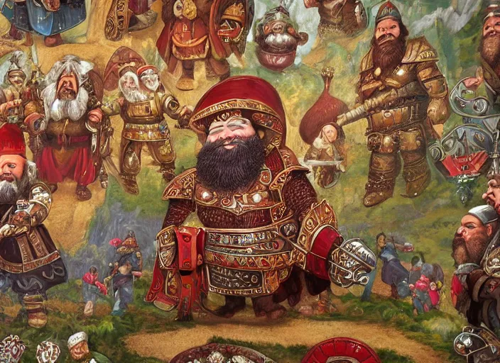 Prompt: jewel encrusted dwarven mural depicting a family history of mountain dwarves. a large ruby is the focal point of the mural