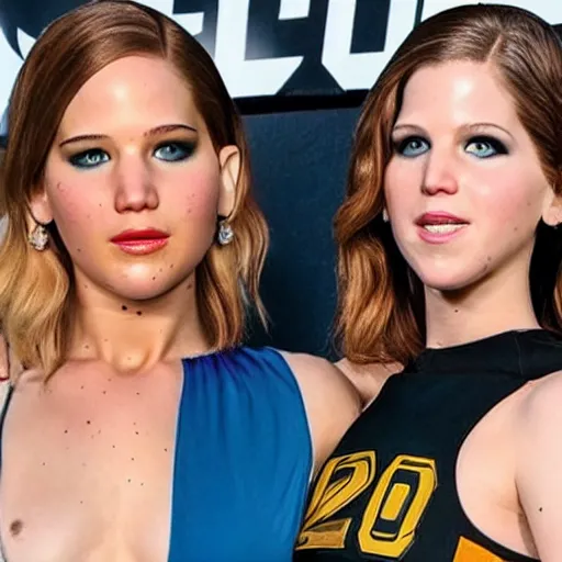Image similar to still from jacked jennifer lawrence and anna kendrick in new Over the Top remake 2029