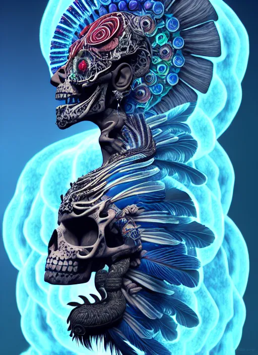 Image similar to 3 d shaman with tattoos profile portrait, sigma 5 0 0 mm f / 5. beautiful intricate highly detailed quetzalcoatl skull and feathers. bioluminescent, plasma, lava, ice, water, wind, creature, thunderstorm! artwork by tooth wu and wlop and beeple and greg rutkowski, 8 k trending on artstation,