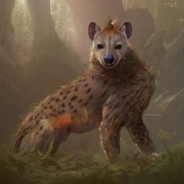 Image similar to a beautiful painting of a cute brown hyena. gray otter. in a forest. disney character design by cory loftis, fenghua zhong, ryohei hase, ismail inceoglu and ruan jia. artstation, volumetric light, detailed, photorealistic, rendered in octane