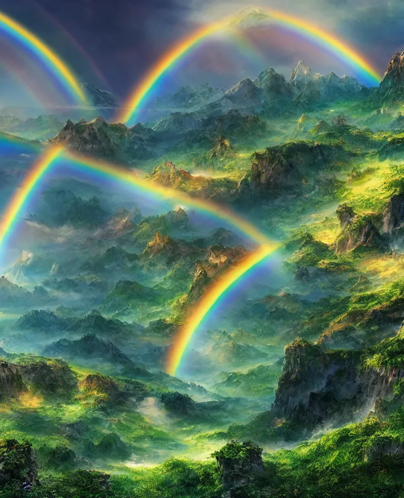 Prompt: enormously detailed hd concept art of three parallel rainbows at horizon, landscape with mountains and flowers, concept art, 8K detail post-processing