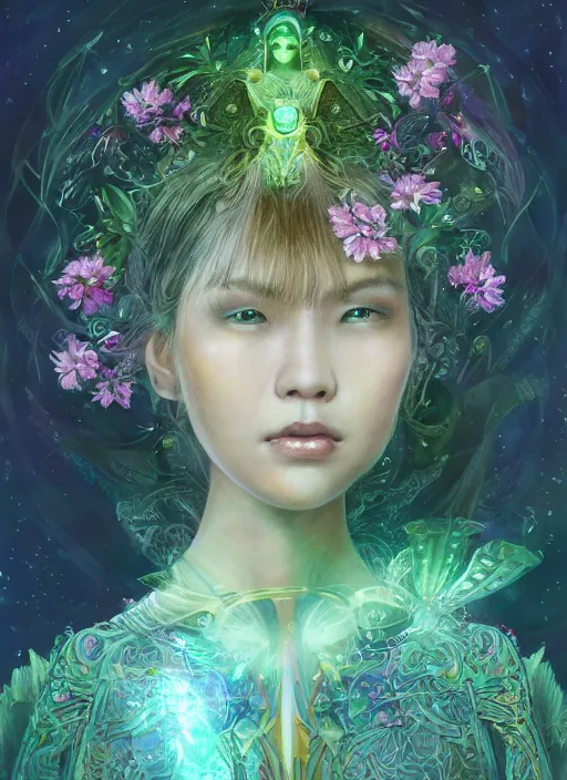 Image similar to portrait of Lalisa Manobal as a Celestial Goddess of a futuristic princess, inside future fighter, sci-fi, fantasy, intricate, lush garden spaceship with sakura season flowers, elegant, human anatomy, royal green and nature light, highly detailed, digital painting, artstation, concept art, smooth, sharp focus, illustration, art by tian zi and WLOP and alphonse mucha, masterpiece, 3d blender