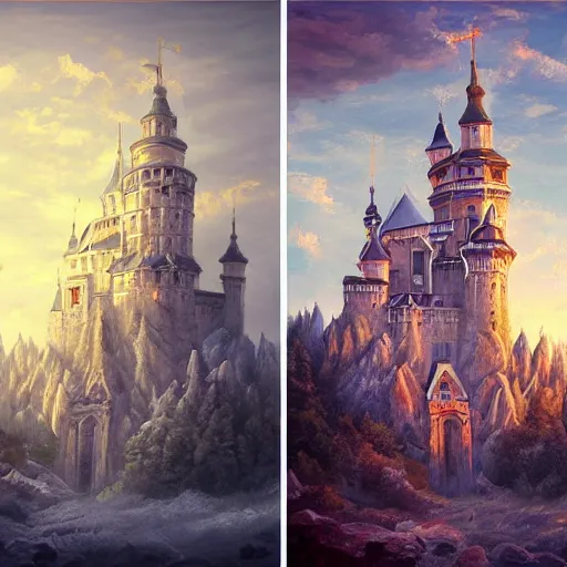Image similar to a digital painting in the style of ilya lushnikov of a magnificent light grey high fantasy castle on top of a mountain. below is a bustling town filled with people, artstation, rainy weather, brushtrokes