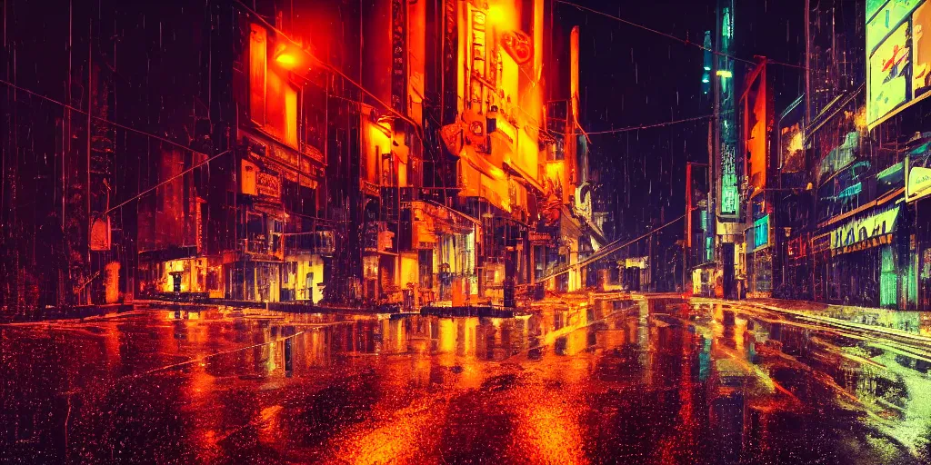 Prompt: a city street at night, raining, photograph, cyberpunk, sharp focus, intricate detail, Desolate, drone shot, high resolution, 8k, neon streetlights, wires hanging down everywhere