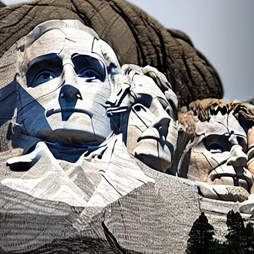 Image similar to donald trump's face carved into the rock on mount rushmore. the photo clearly depicts donald trump's facial features next to other former presidents, at a slightly elevated level, depicting his particular hair style carved into the stone at the mountain top, centered, balances, regal, pensive, powerful, just