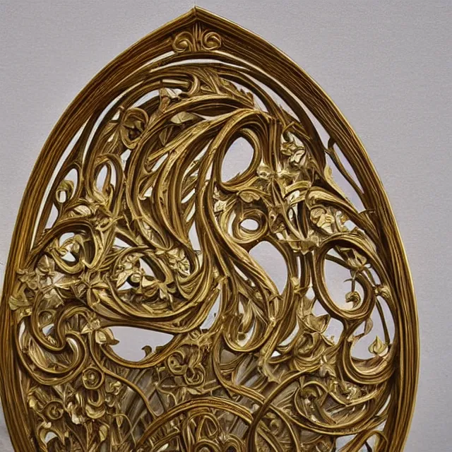 Prompt: a 3 d golden art nouveau carved sculpture of a delicate tracery pattern, intricate and highly detailed, well - lit, ornate, realistic, polished with gold leaf
