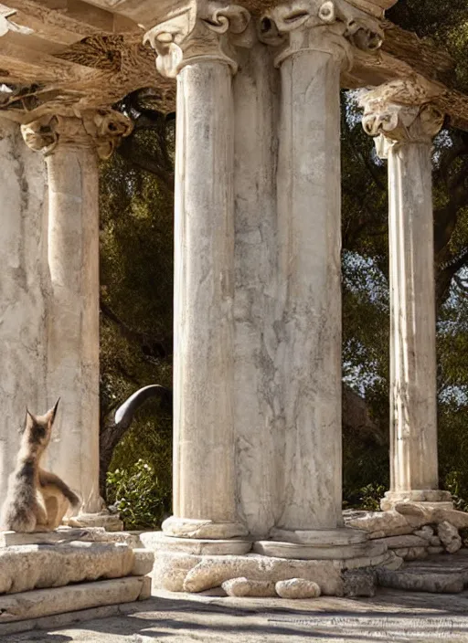 Image similar to hyper realistic fluffy caracal in ancient greek city, marble columns, temple, olive trees, atmospheric beautiful details, strong composition painted by kim jung giu weta studio rutkowski, james gurney and greg rutkowski, and lucasfilm