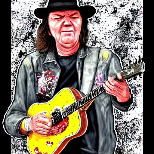 Image similar to neil young shredding during a live performance, happy, smile, digital art, highly detailed, trending on art station