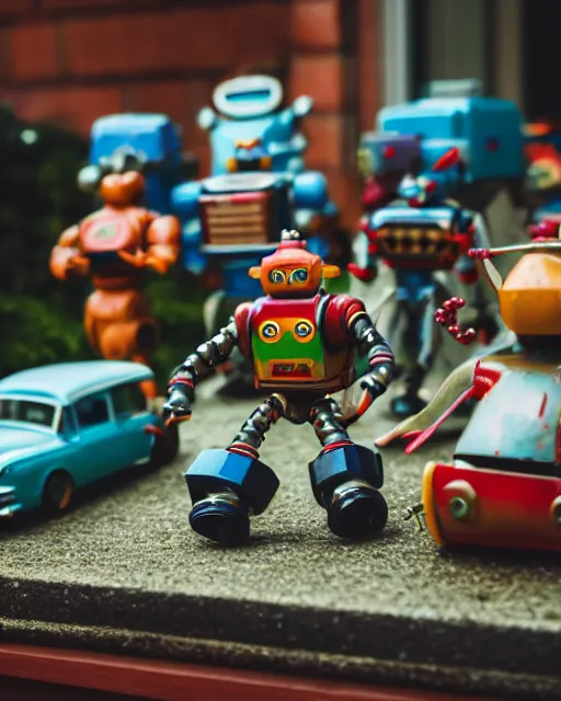 Image similar to high quality presentation photo of a a detailed miniature diorama of retro toy robots invading a detailed model of a 1950s town, photography 4k, f1.8 anamorphic, bokeh, 4k, Canon, Nikon