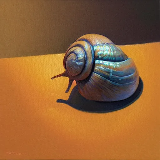 Prompt: snail that’s a cashier, realistic painting, golden hour lighting, 8k