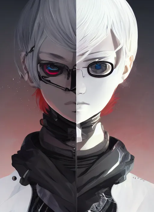 Image similar to techwear occultist, white hair home cut red eyes, by kyoto animation, chaos magick, leviathan cross, androgynous, beautiful, detailed symmetrical close up portrait, intricate complexity, in the style of artgerm and ilya kuvshinov, cel shaded