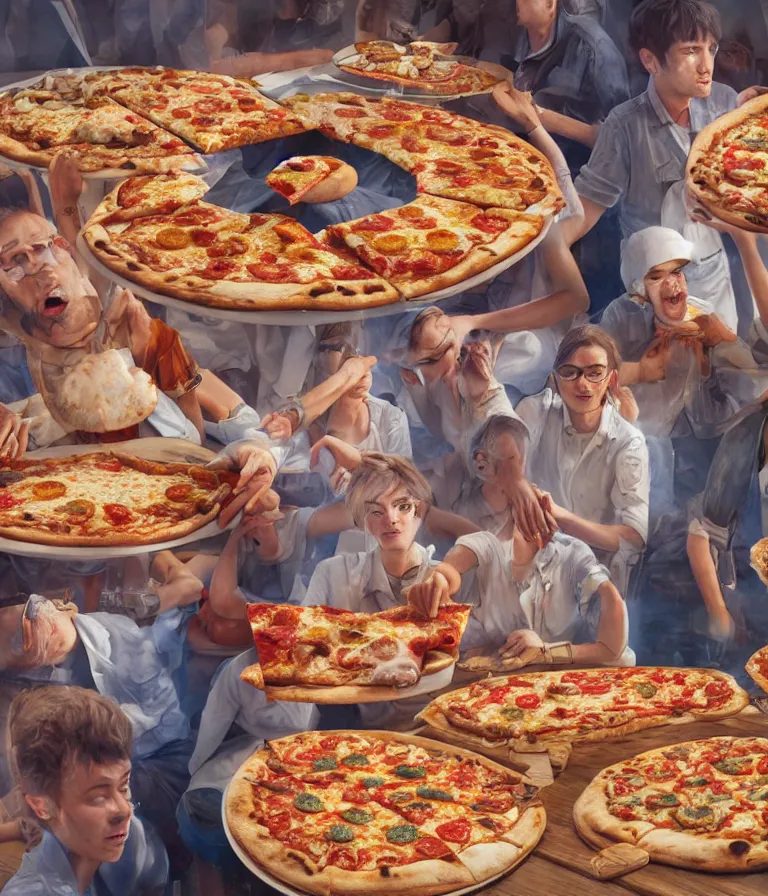 Image similar to a beautiful hyperrealistic detailed 3D render of people made of pizza, by Anton Otto Fischer, Atey Ghailan, genzoman, unreal engine, octane render, gigantic, 3D, brilliantly coloured, intricate, ultra wide angle, trending on artstation, embers, smoke, dust, dusk, volumetric lighting, HDR, polished, micro details, ray tracing, 8k,