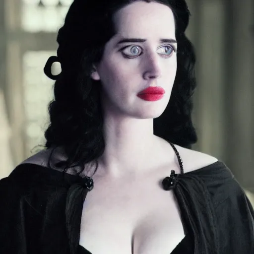 Image similar to portrait of a young eva green as yennefer from the witcher wearing black robes