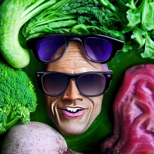 Prompt: The Rock with sunglasses made of vegetables