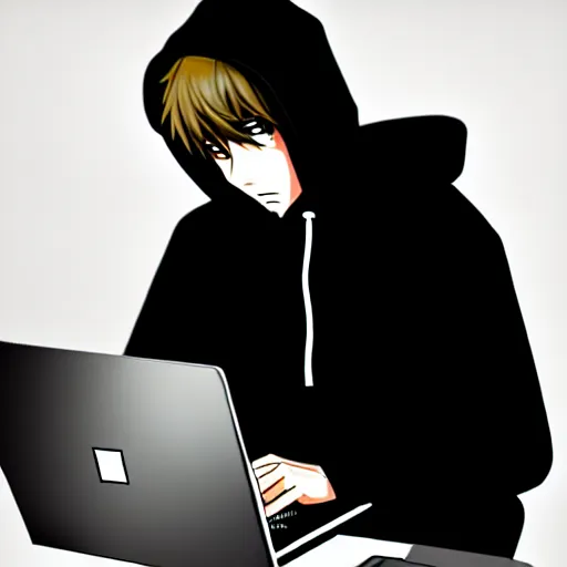 Prompt: a smart teenager boy with a black hoodie sitting behind his laptop and programming, digital art, anime style, trending on Artstation