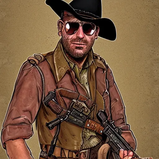 Prompt: character portrait of post - apocalyptic desert ranger, cowboy, stetson, short stubble, illustration by glenn fabry