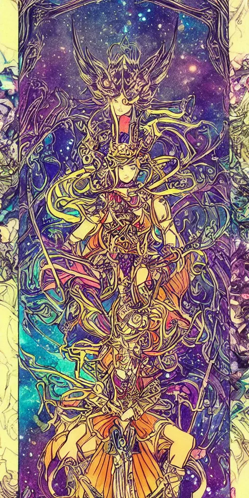 Prompt: a mage from final fantasy 14, intricate, amazing line work, cosmic, psychedelic, cheerful, colorful, tarot cards, empress tarot card