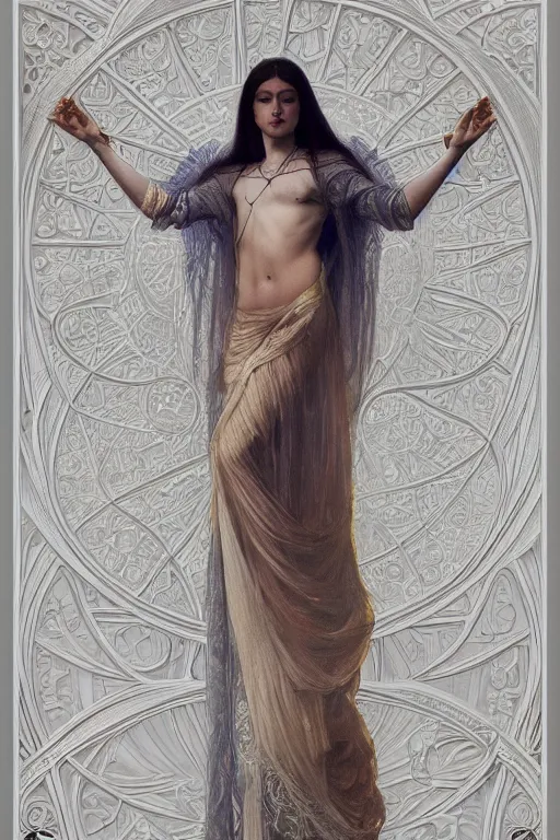 Image similar to a full body portrait of a beautiful ethereal delicate byzantine mage queen meditative sacral pose catholic stages of the cross, intricate, elegant, highly detailed, digital painting, artstation, concept art, smooth, sharp focus, illustration, art by krenz cushart and artem demura and alphonse mucha