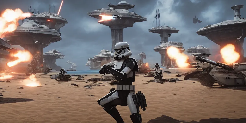 Image similar to shore troopers, on scarif, ea star wars battlefront 2015, highly detailed