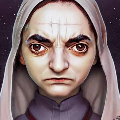 Image similar to mr. bean female, jedi master, wearing the traditional jedi robe, beautiful and uniquely odd looking, detailed symmetrical close up portrait, intricate complexity, in the style of artgerm and ilya kuvshinov, magic the gathering, star wars art