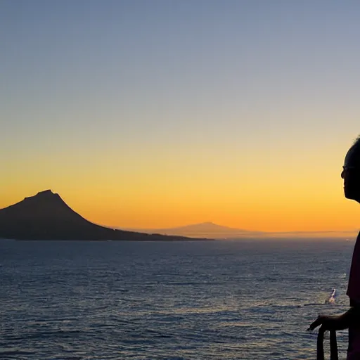 Image similar to a sailor watching the sunset with diamond head hawaii in the background