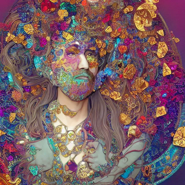 Prompt: Satoshi Nakamoto made with fractal gems, fractal crystals, very intricate, hyper realistic, octane render, very colorful, vibrant, cinematic, amazing details, by james jean, by brian froud, by ross tran, by alphonse mucha