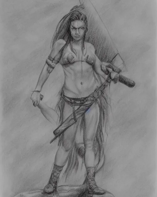 Image similar to A beautiful female warrior on a pirate ship at a deserted island, very faded outline, realism pencil drawing on white paper, bald lines