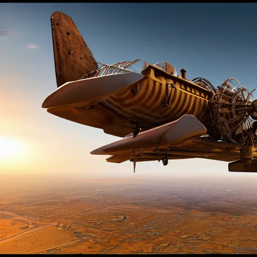 Prompt: steampunk airplane supperrealistic, artstation, fantasy, 4k, octane render, cinematic lighting, anamorphic lens flare, post processing, by jean giraud concept art
