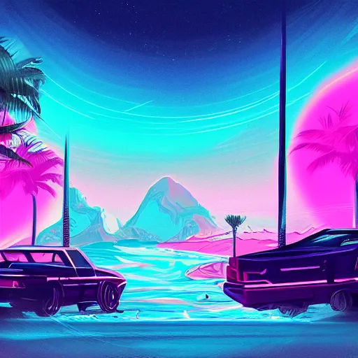 Image similar to Retrowave landscape, synthwave music, digital painting, vivid, album cover, artstation