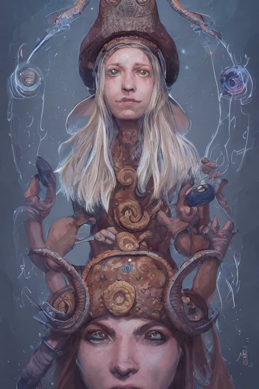 Image similar to portrait of the Plectronoceras cephalopod wizard wearing the epic artifact headgear by artgerm and Craig Mullins, James Jean, Andrey Ryabovichev, Mark Simonetti and Peter Morbacher 16k