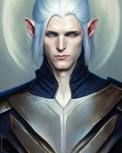 Prompt: character portrait of a slender young half white haired elven man with and piercing blue eyes and pale bluish skin, wearing sleek pearlescent black armor, by greg rutkowski and mark brookes and jim burns and tom bagshaw and magali villeneuve, trending on artstation