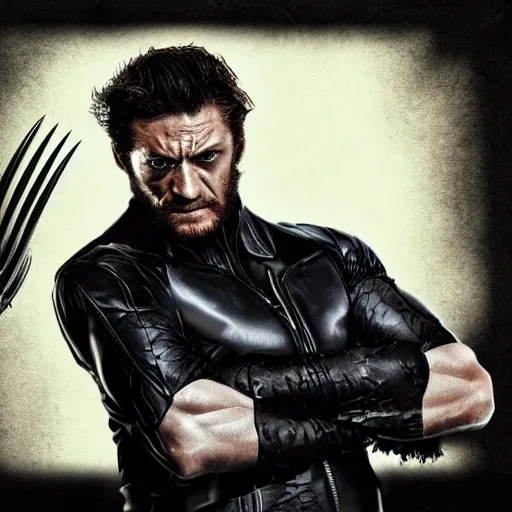 Image similar to Tom Hardy as wolverine in Black Damaged leather suit Digital art 4K quality Photorealism