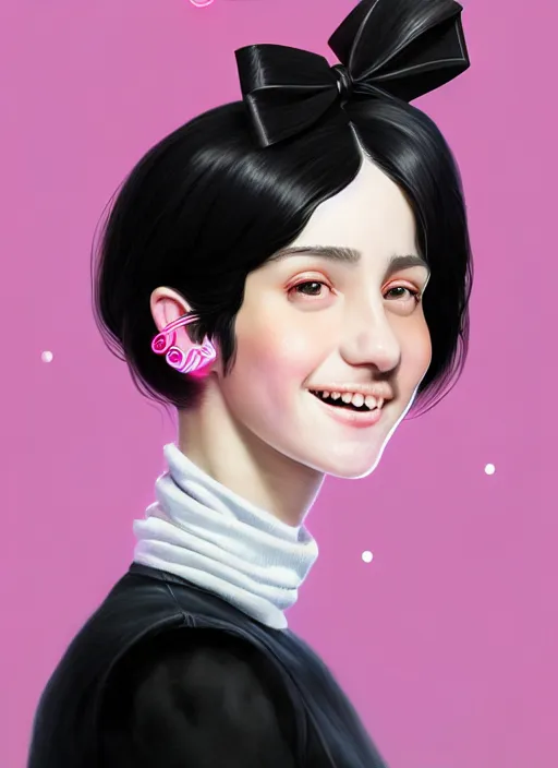 Image similar to portrait of high school girl, realistic, black hair, bangs, half updo hairstyle, pointy nose, skinny, smile, ugly, defined jawline, big chin, pink hair bow, earrings, intricate, elegant, glowing lights, highly detailed, digital painting, artstation, sharp focus, illustration, art by wlop, mars ravelo and greg rutkowski