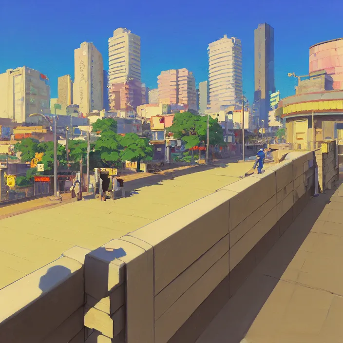 Image similar to front view painting of a stone railing urban japanese city in the background in the style of cowboy bebop, anime style, minimal details, calm, sunny day, bright, artwork by jeremy lipkin and giuseppe dangelico pino and michael garmash and rob rey and greg manchess and huang guangjian and makoto shinkai, sharp edges, simple form, 1 0 0 mm