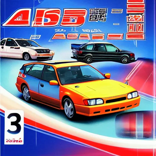 Image similar to playstation 1 cover art for a 9 0 s japanese racing game, a 1 9 9 5 subaru wrx sti, and a 1 9 9 8 honda civic are the cars on the box art.