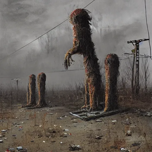 Image similar to painting of a abandoned post soviet town infested with humanoid root monsters by jakub rozalski