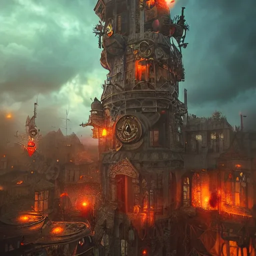 Image similar to a flying steampunk fortress, intricate, behrens style, octane render, fantasy digital art, beautiful composition, trending on artstation, night, red lightning, storm!!!, dramatic lighting,