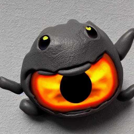 Prompt: photo of a comically tiny clay model of an angry baby rocky magma creature with a volcanic body and large childlike eyes leans close to the camera, fish eye lens, 4 k, hyper realistic, hyper detailed face, octane render, comedic, cute