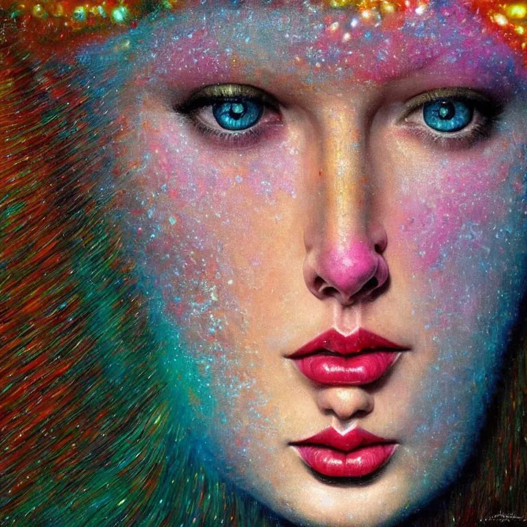 Image similar to Hyperrealistic intensely colored close up studio Photograph portrait of a deep sea bioluminescent Taylor Swift covered in chromatophores, symmetrical face realistic proportions eye contact, sitting in Her throne underwater, award-winning portrait oil painting by Norman Rockwell and Zdzisław Beksiński vivid colors high contrast hyperrealism 8k