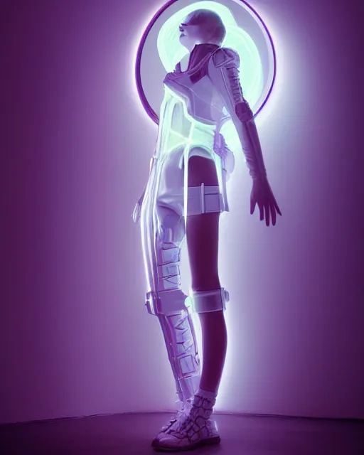 Image similar to full body shot of young punk woman dressed in futuristic cyberpunk clothing, soft neon diffused light, bjork aesthetic, translucent, by rineke dijkstra and artgerm, intricate details, highly detailed, masterpiece, 8 5 mm
