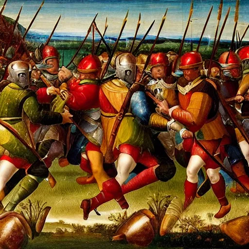 Prompt: a renaissance painting of a line of pikemen moving into battle, taken from the front.