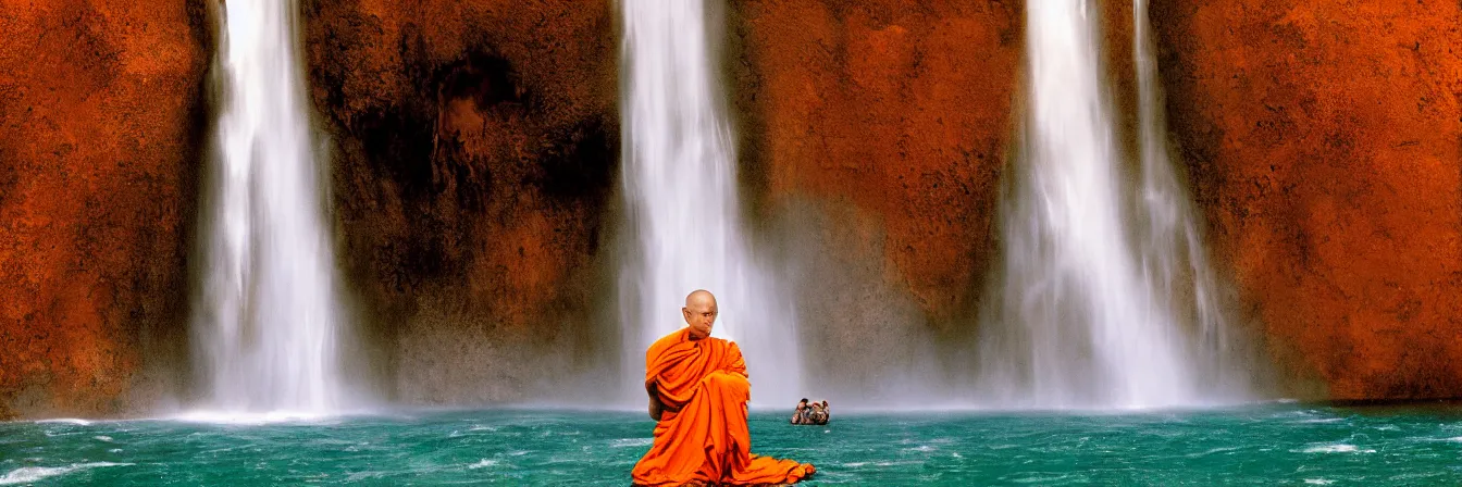 Image similar to dang ngo, annie leibovitz, steve mccurry, a simply breathtaking shot of mediating monk in orange, giantic waterfall, sunshine, golden ratio, wide shot, symmetrical