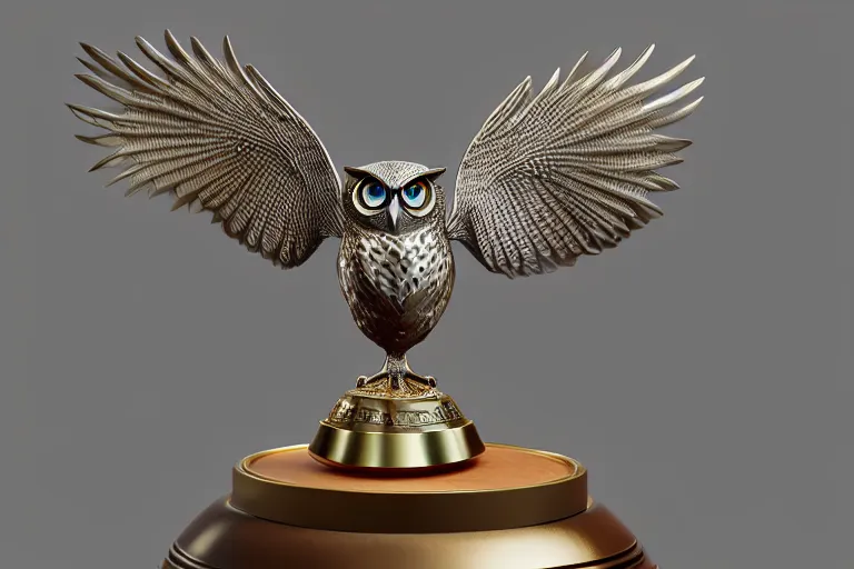 Prompt: a trophy with flying owl on the top, 3 d render, max details, 8 k resolution, intricate art nouveau, lighting, by octane render. ami ami.