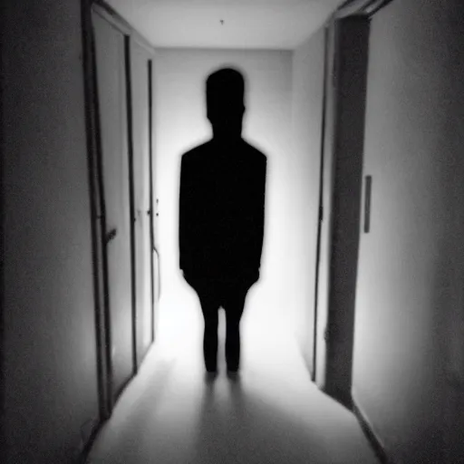 Image similar to terrifying thin man in the corner of a dark room, creepypasta, blurry camera photo