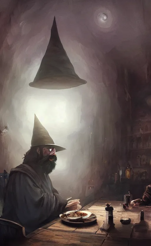 Prompt: a beautiful artwork illustration, a man with long black beard and oversized wizard hat sitting at a table in a tavern, volumetric fog, godrays, high contrast, high contrast, high contrast, vibrant colors, vivid colors, high saturation, by Greg Rutkowski and Jesper Ejsing and Raymond Swanland, featured on artstation, wide angle, vertical orientation