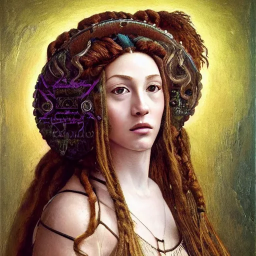 Image similar to artstation, intricate details, portrait by sandro botticelli, gaston bussiere, h. r. giger, inanna ashteroth, egyptian facial features, brown caramel skin, thick beautiful eyebrows, techno mystic, intergalactica, hazel green eyes, with bright neon aqua rapunzel dreadlocks, full body portrait, haute couture, alchemy, futurisma