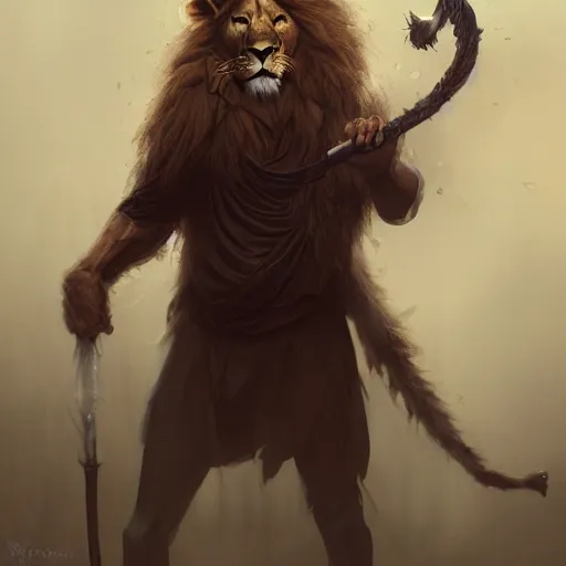 Image similar to an anthropomorphic half lion half human holding a wand,wizard,fantasy art,digital art,art by greg rutkowski,realiatic,photorealistic,hyperdetailed,detailed face,professional lighting,mysterious