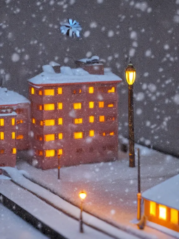 Image similar to mega detailed miniature diorama a soviet residential building, brutalism architecture, suburban, warm lights are on in the windows, man lies in the snow, dark night, fog, winter, blizzard, cozy and peaceful atmosphere, row of street lamps with warm orange light, several birches nearby, 1 9 9 0