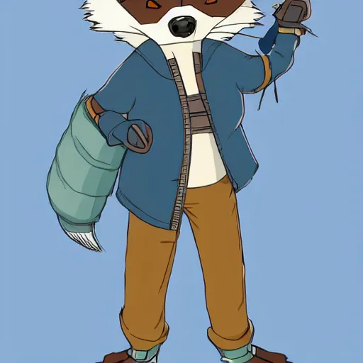 Prompt: anthropomorphic racoon, chibby, male, blue jacket in the style of studio ghibli